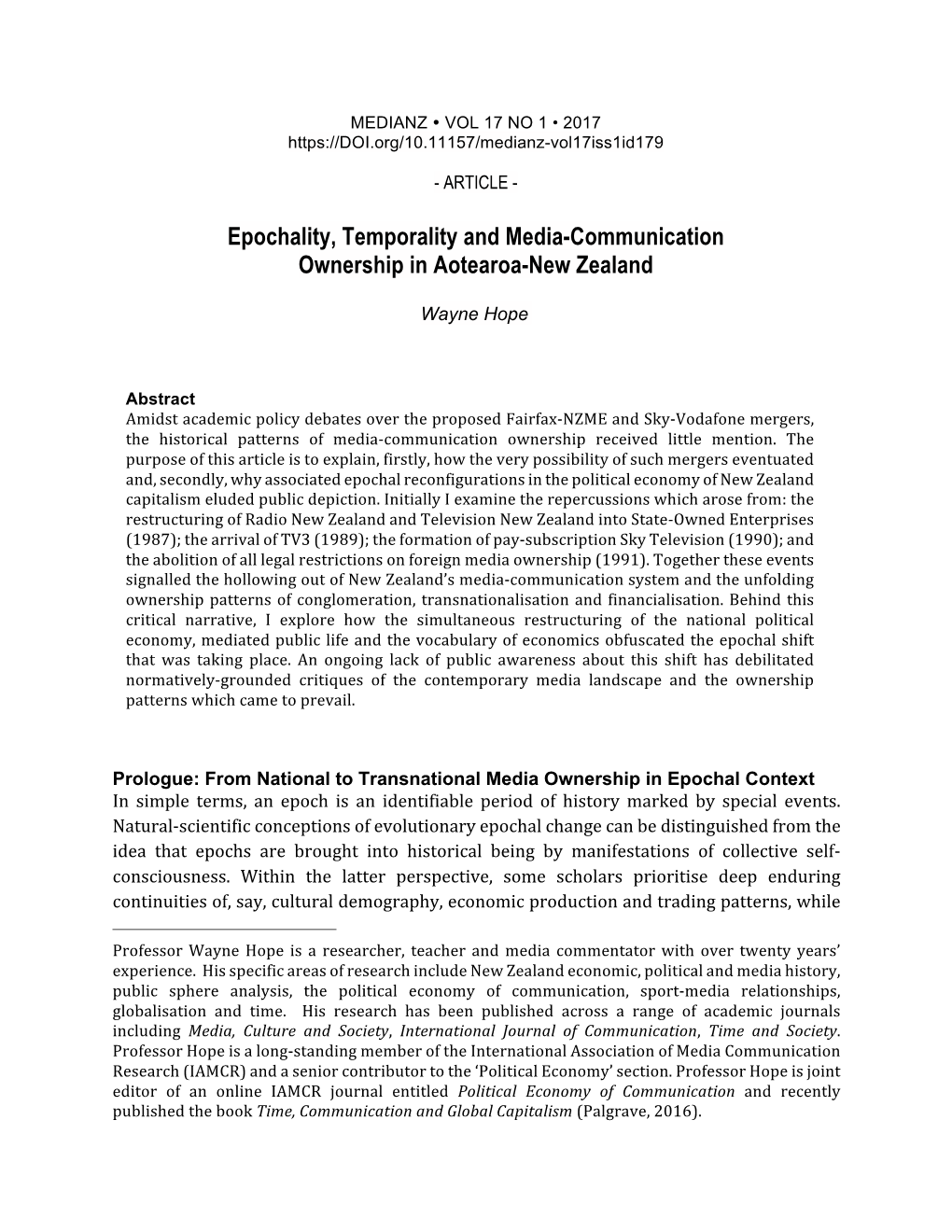 Epochality, Temporality and Media-Communication Ownership in Aotearoa-New Zealand