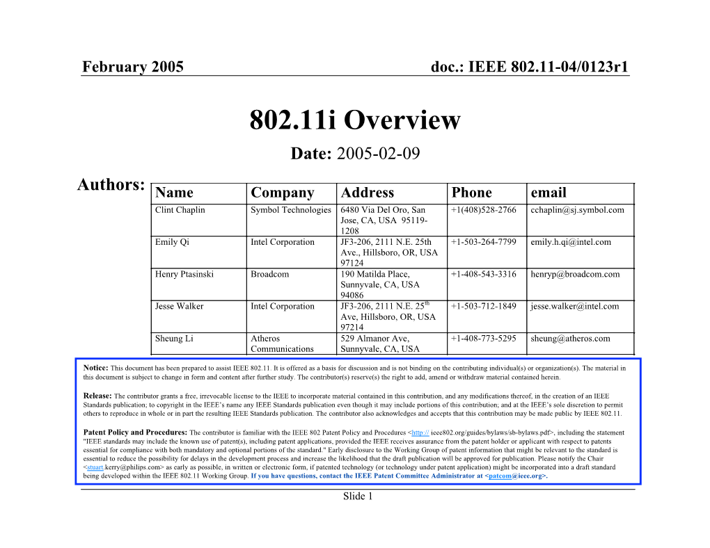 802.11I Overview Date: 2005-02-09