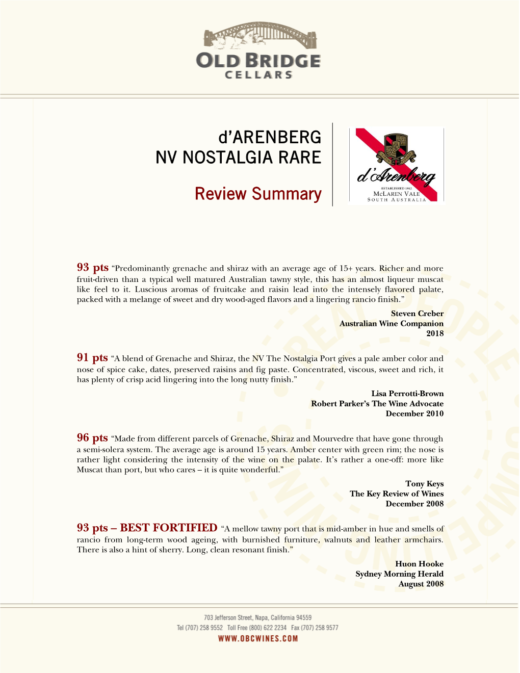 D'arenberg NV NOSTALGIA RARE Review Summary