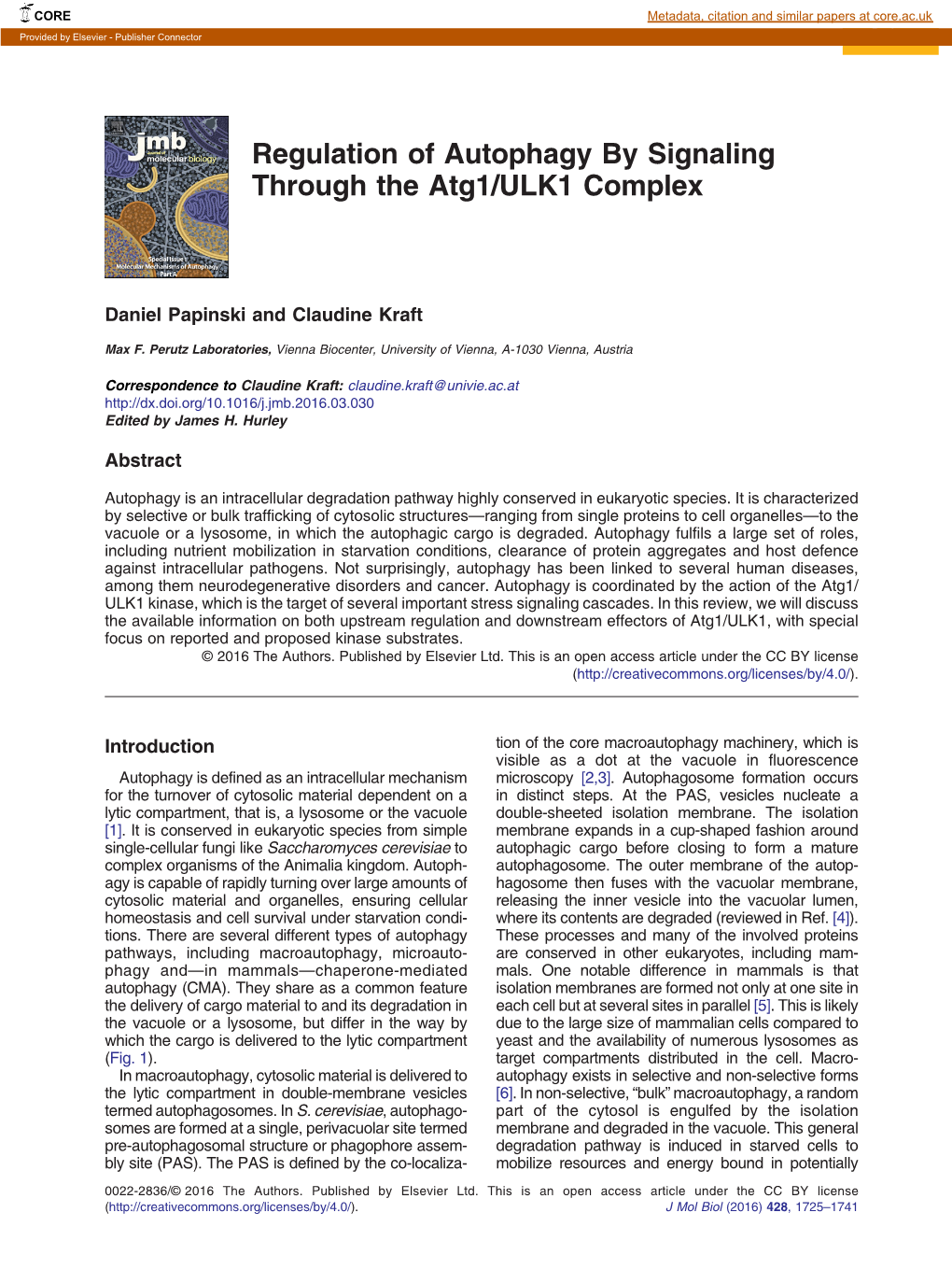 Regulation of Autophagy by Signaling Through the Atg1/ULK1 Complex