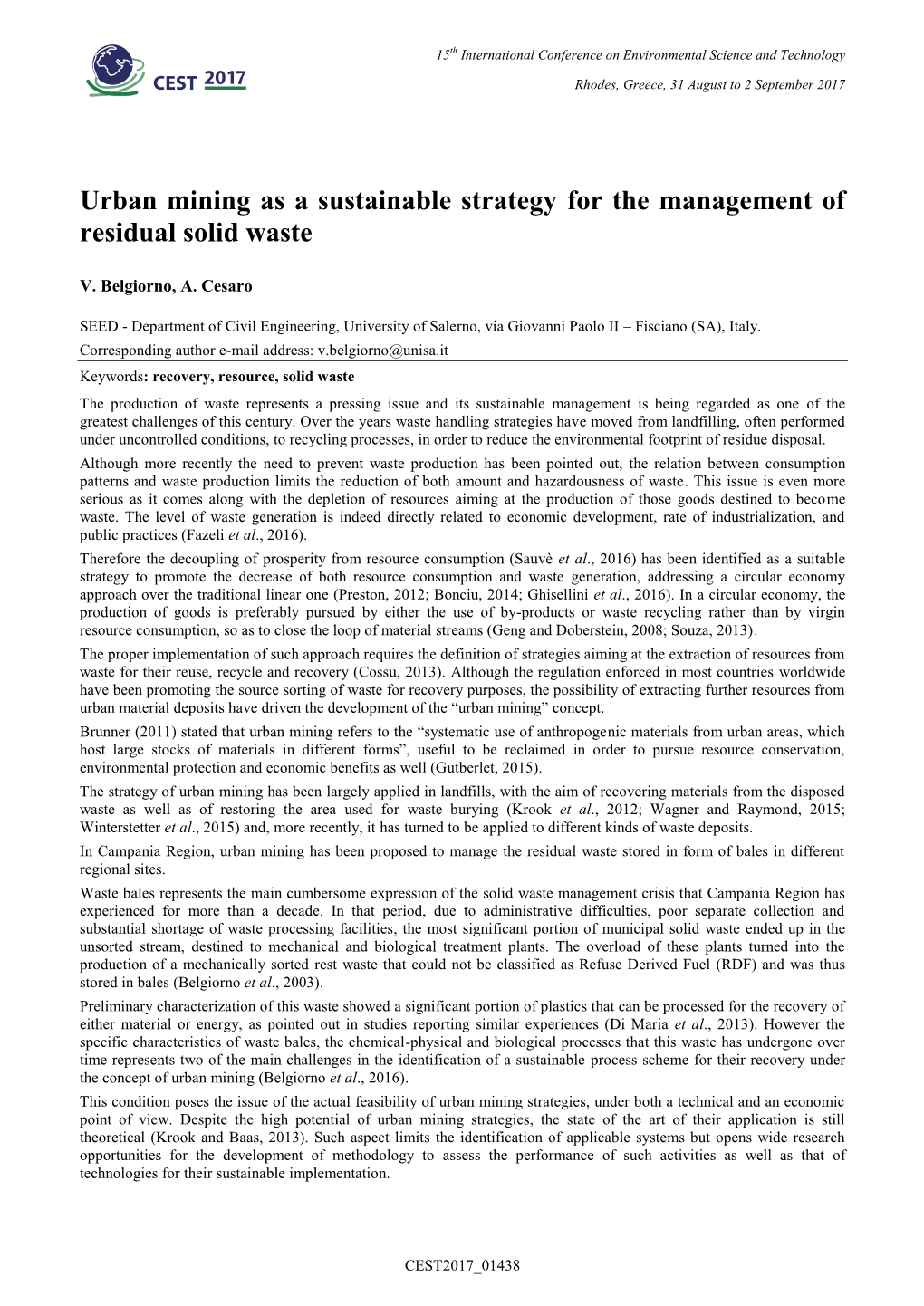 Urban Mining As a Sustainable Strategy for the Management of Residual Solid Waste