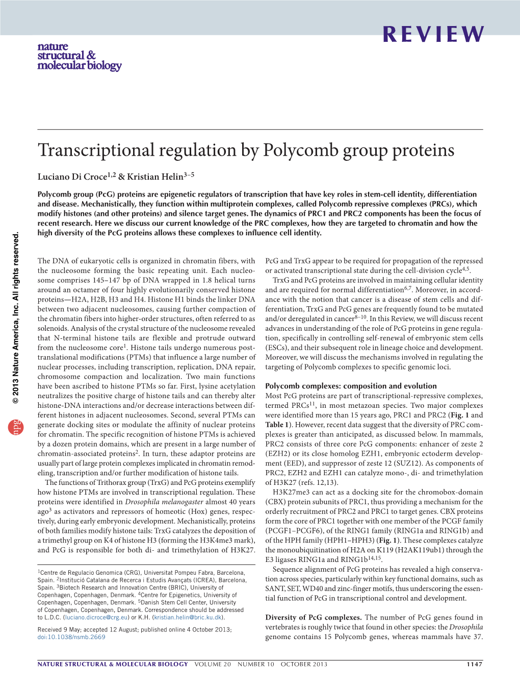 Transcriptional Regulation by Polycomb Group Proteins