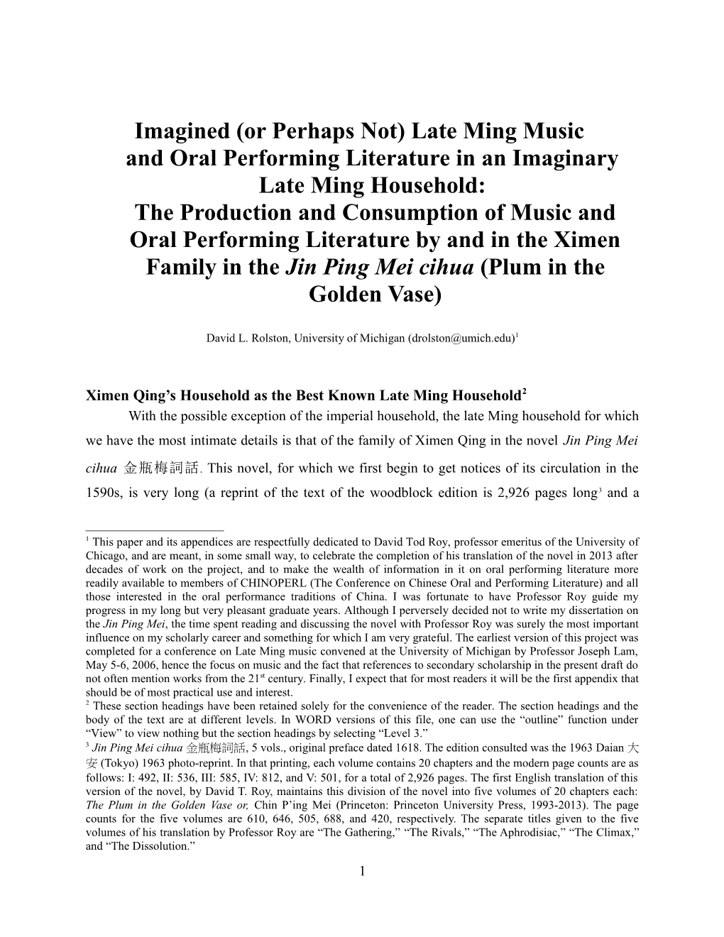 Music in and Oral Performing Literature in the Jin Ping Mei Cihua: Main Essay