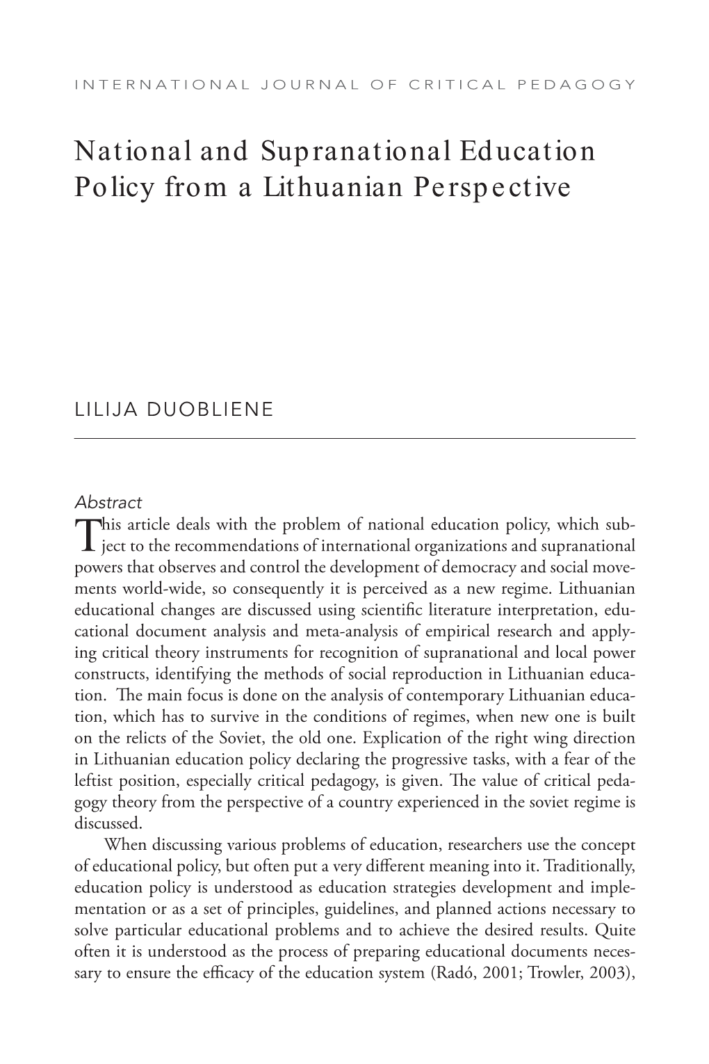 National and Supranational Education Policy from a Lithuanian Perspective