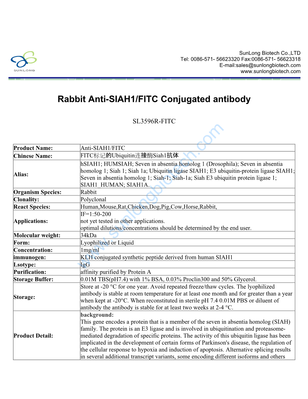 Rabbit Anti-SIAH1/FITC Conjugated Antibody-SL3596R-FITC