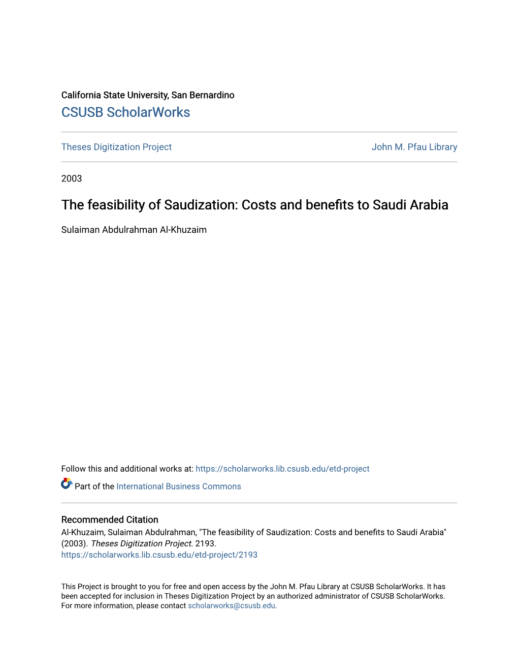 The Feasibility of Saudization: Costs and Benefits to Saudi Arabia