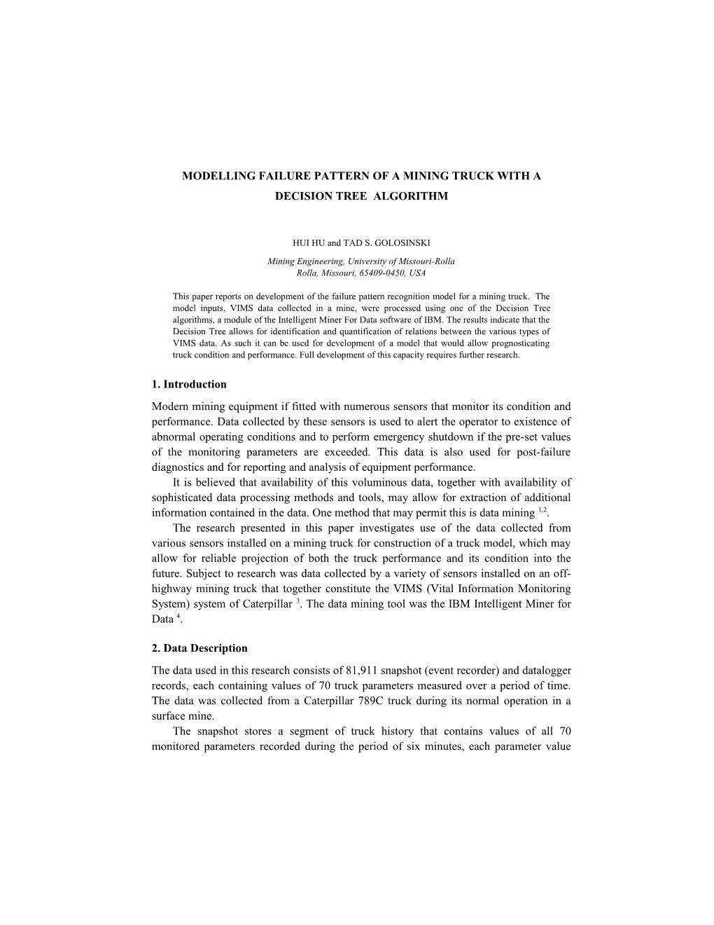 Caterpillar Vims Failure Pattern Recognition Using Decision Tree