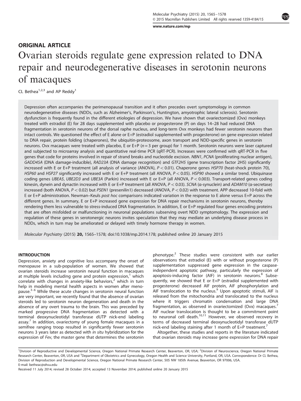 Ovarian Steroids Regulate Gene Expression Related to DNA Repair and Neurodegenerative Diseases in Serotonin Neurons of Macaques