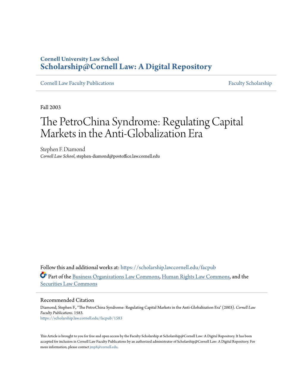 The Petrochina Syndrome: Regulating Capital Markets in the Anti-Globalization Era