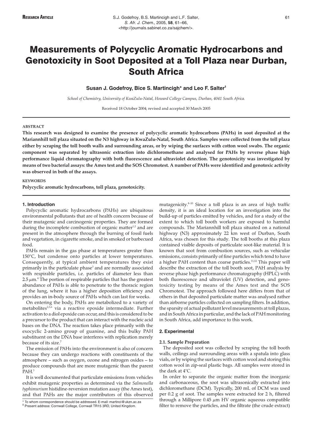 Measurements of Polycyclic Aromatic Hydrocarbons and Genotoxicity in Soot Deposited at a Toll Plaza Near Durban, South Africa