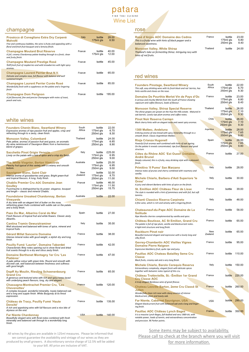 Rose Red Wines Champagne White Wines Wine List