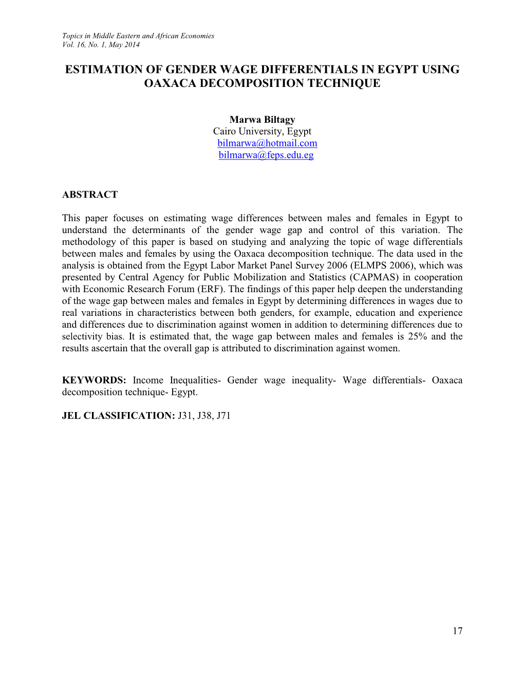 Estimation of Gender Wage Differentials in Egypt Using Oaxaca Decomposition Technique