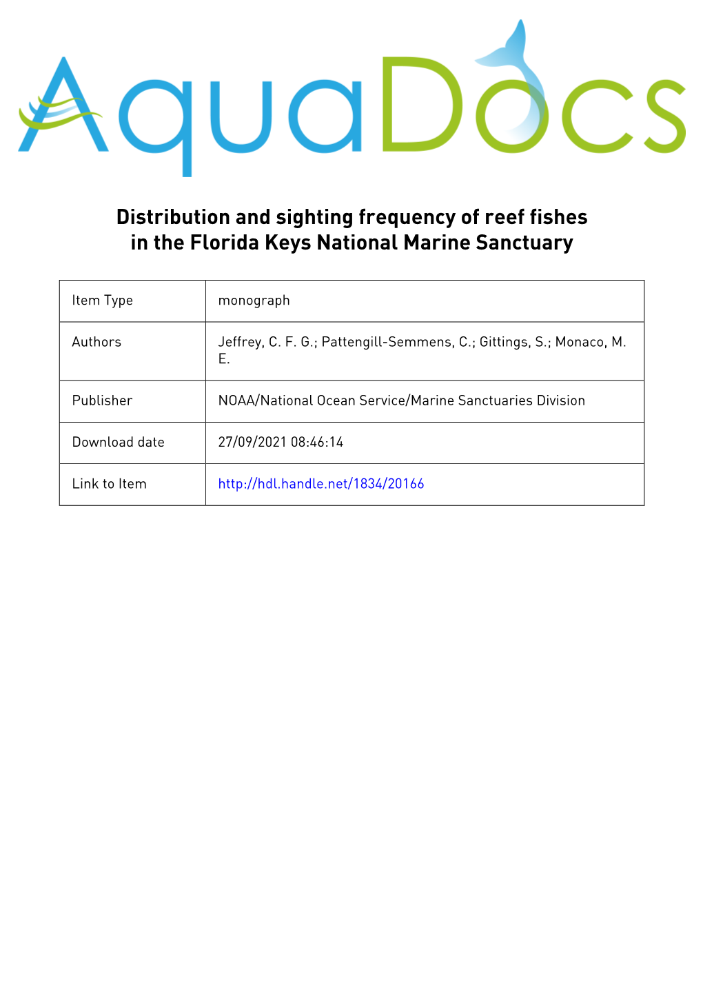 Distribution and Sighting Frequency of Reef Fishes in FL