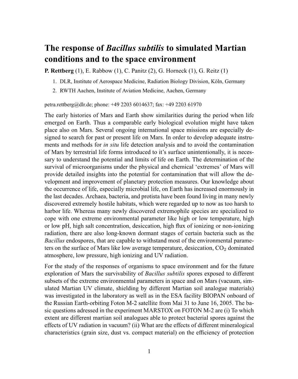 The Response of Bacillus Subtilis to Simulated Martian Conditions and to the Space Environment P