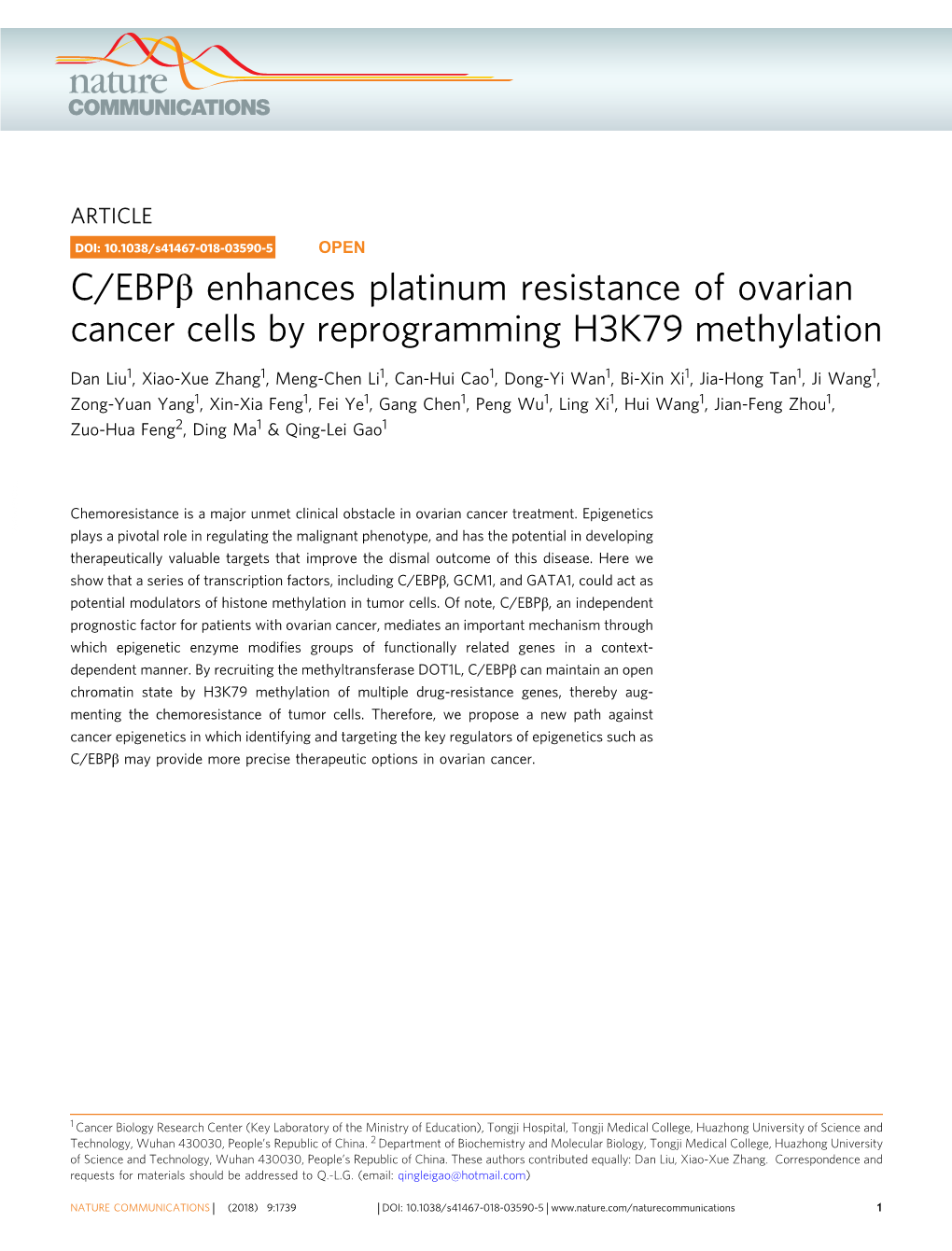 C/EBPÎ² Enhances Platinum Resistance of Ovarian Cancer Cells By