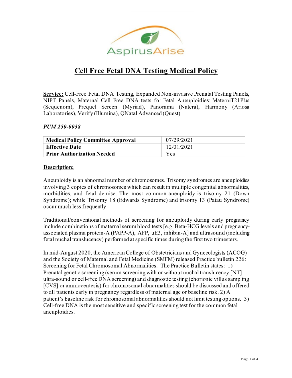Cell Free Fetal DNA Testing Medical Policy