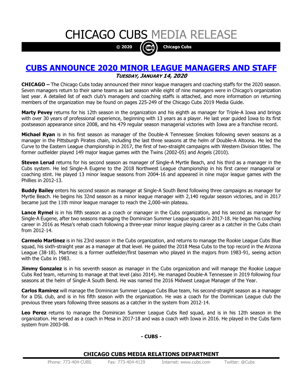 CHICAGO CUBS MEDIA RELEASE © 2020 Chicago Cubs