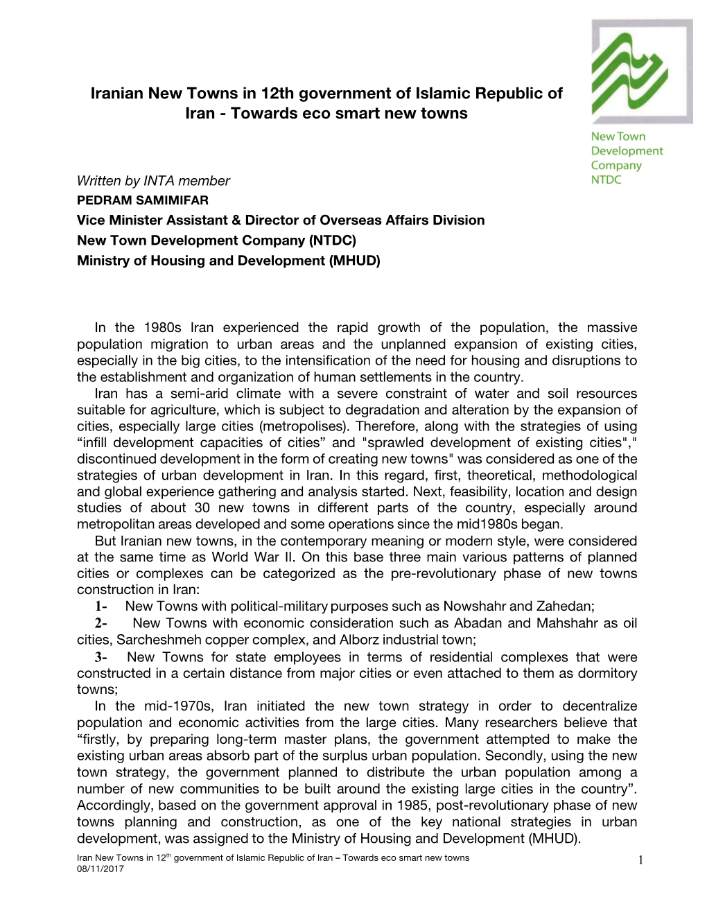 Iranian New Towns in 12Th Government of Islamic Republic of Iran - Towards Eco Smart New Towns