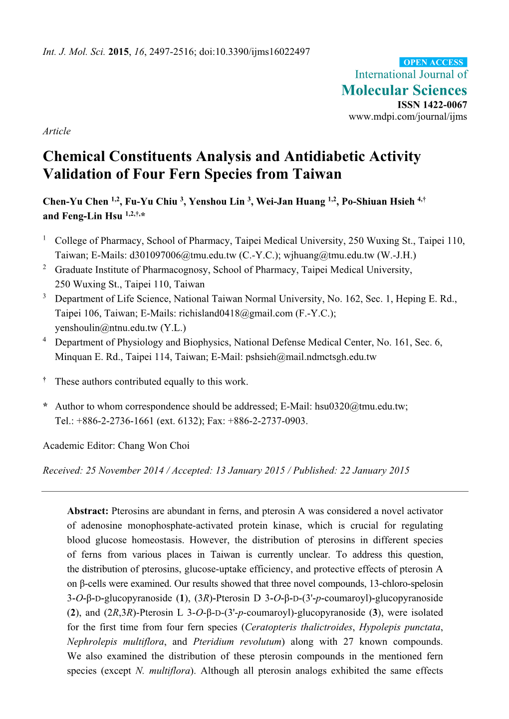 Chemical Constituents Analysis and Antidiabetic Activity Validation of Four Fern Species from Taiwan