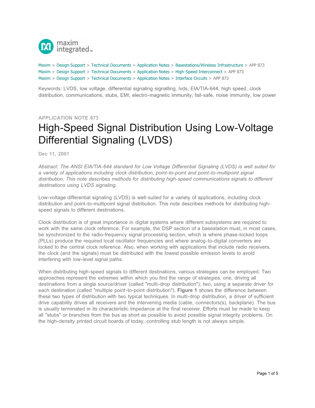 High-Speed Signal Distribution Using Low-Voltage Differential Signaling (LVDS)