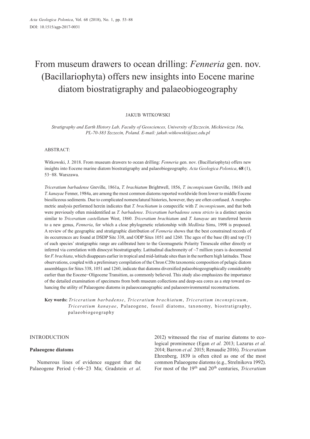 (Bacillariophyta) Offers New Insights Into Eocene Marine Diatom Biostratigraphy and Palaeobiogeography