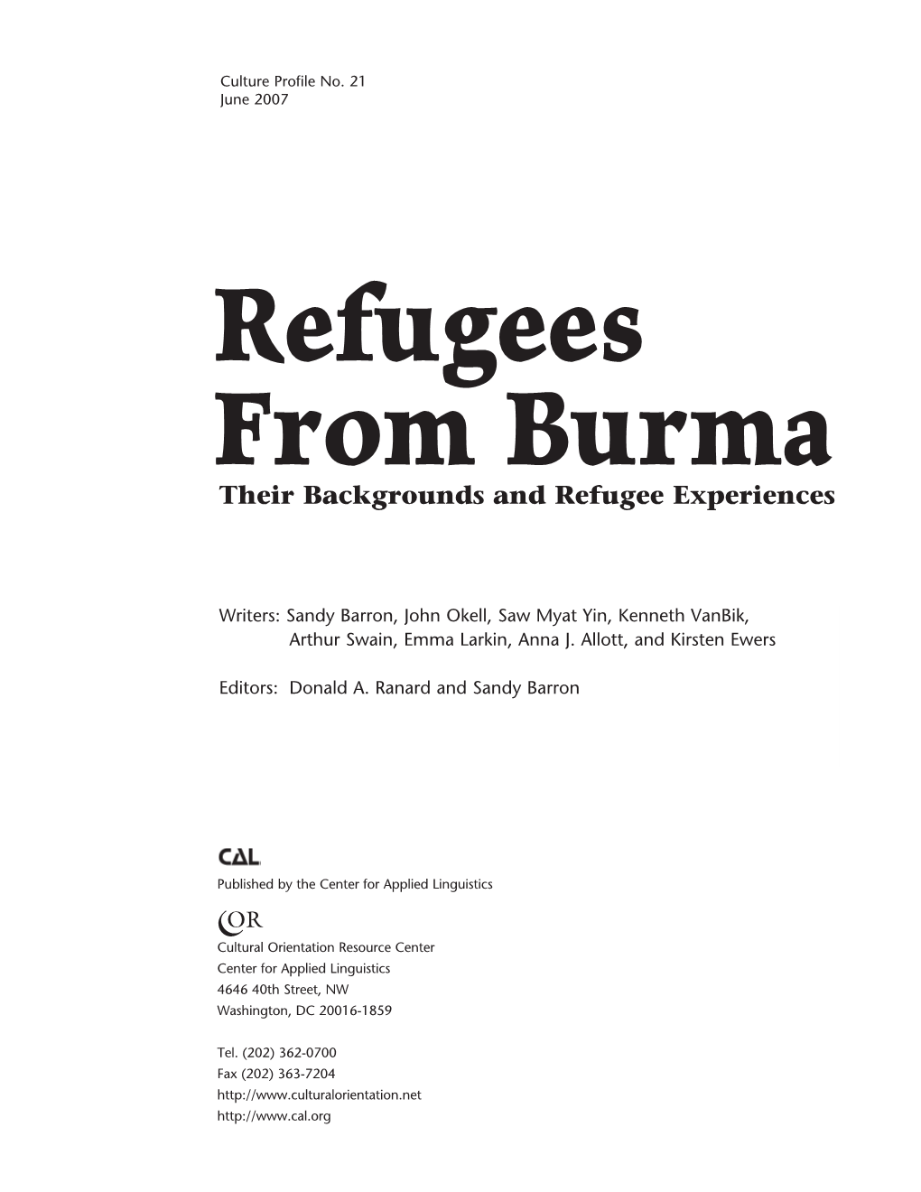 Refugees from Burma Acknowledgments