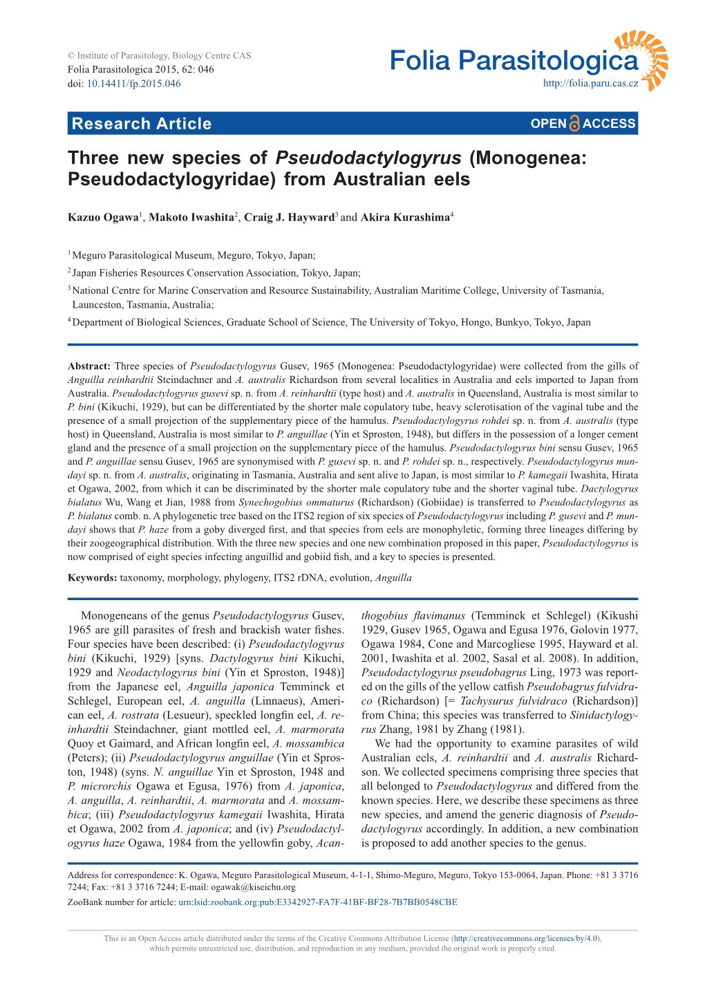 Three New Species of Pseudodactylogyrus (Monogenea: Pseudodactylogyridae) from Australian Eels