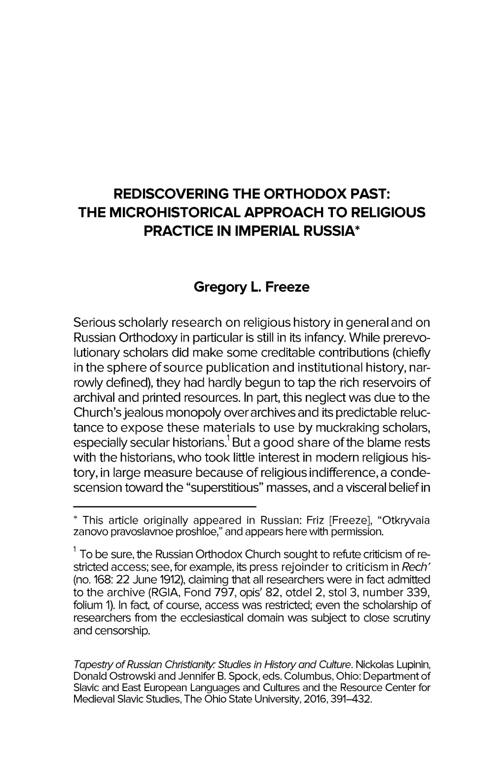 Rediscovering the Orthodox Past: the Microhistorical Approach to Religious Practice in Imperial Russia*