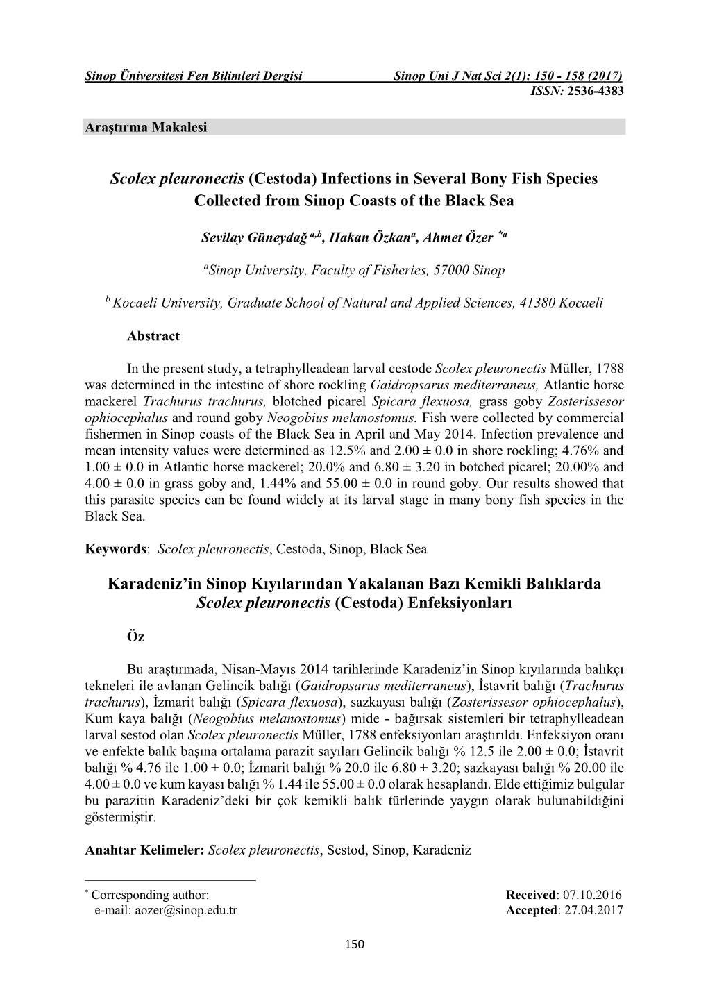 Scolex Pleuronectis (Cestoda) Infections in Several Bony Fish Species Collected from Sinop Coasts of the Black Sea