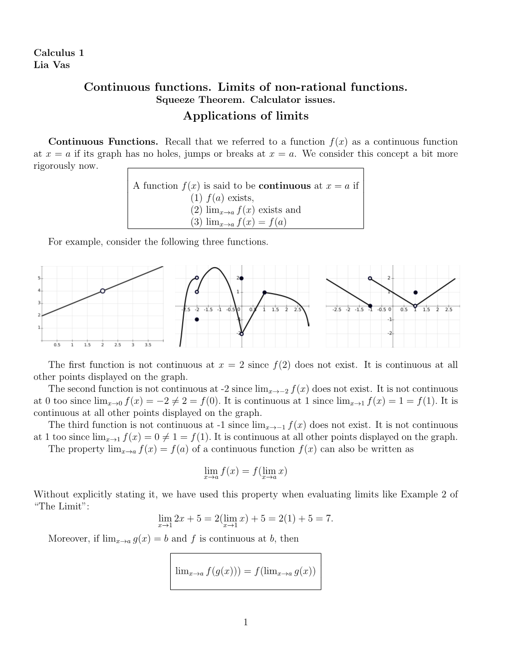 Continuous Functions. Limits of Non-Rational Functions. Applications