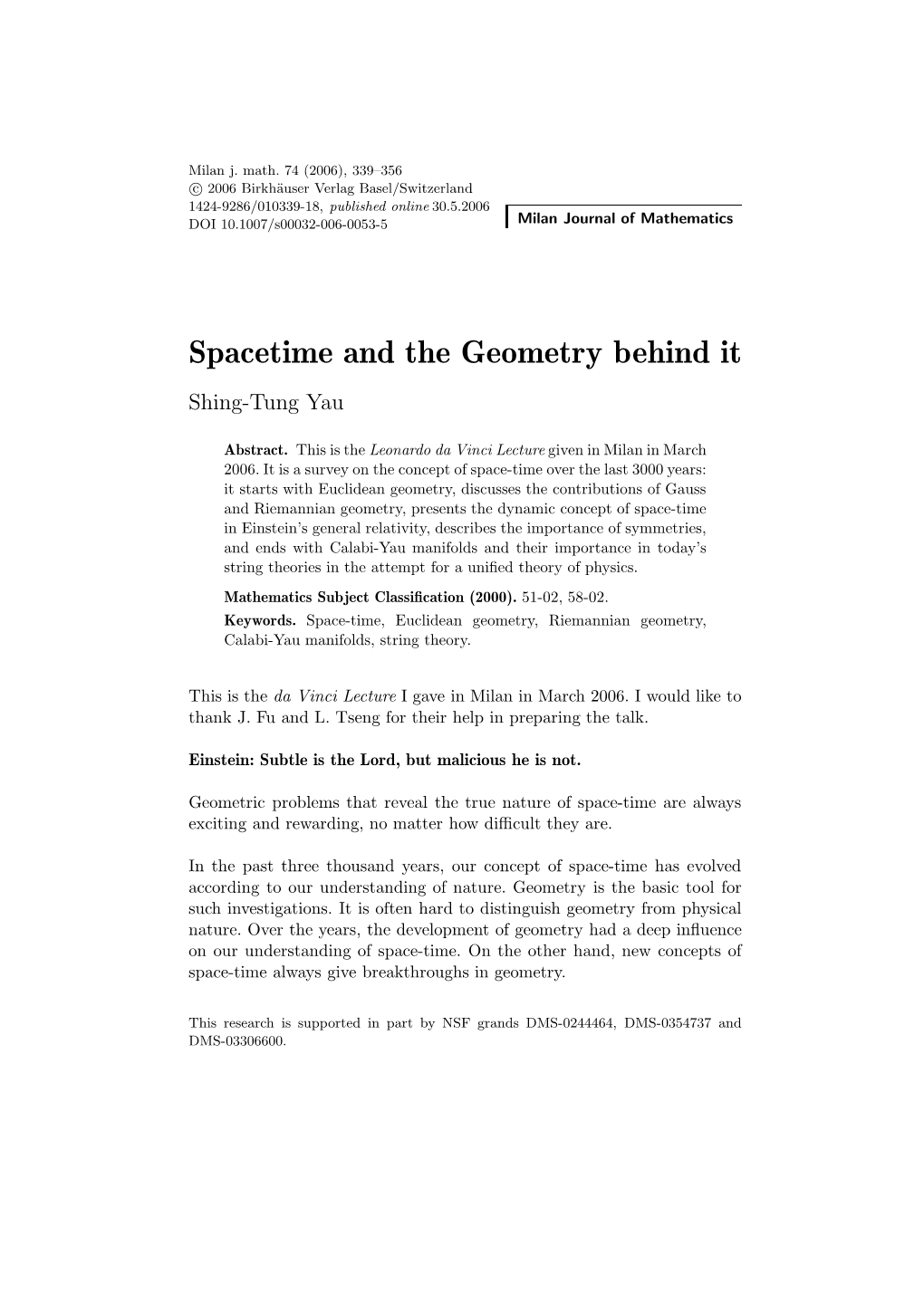 Spacetime and the Geometry Behind It Shing-Tung Yau