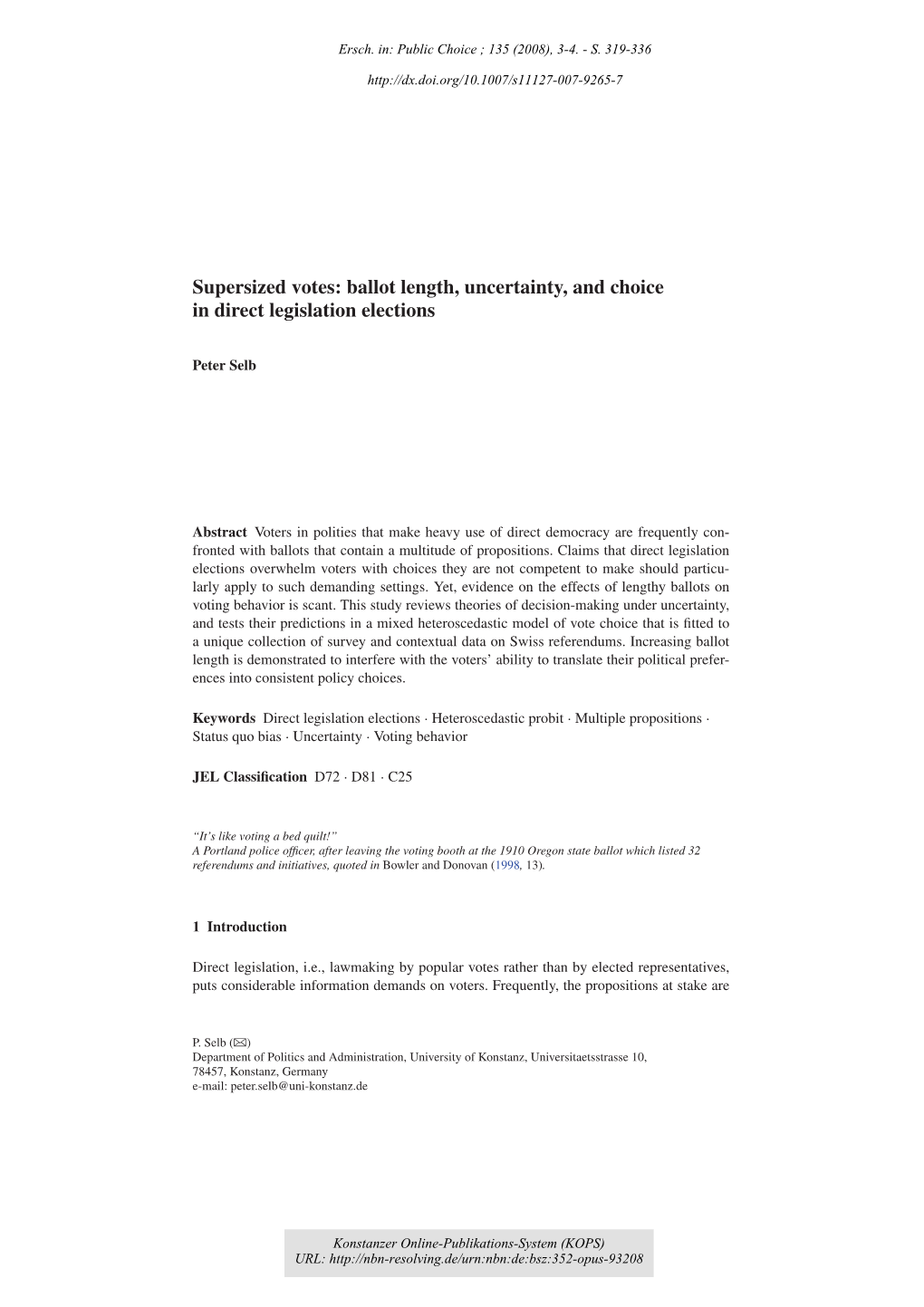 Ballot Length, Uncertainty, and Choice in Direct Legislation Elections