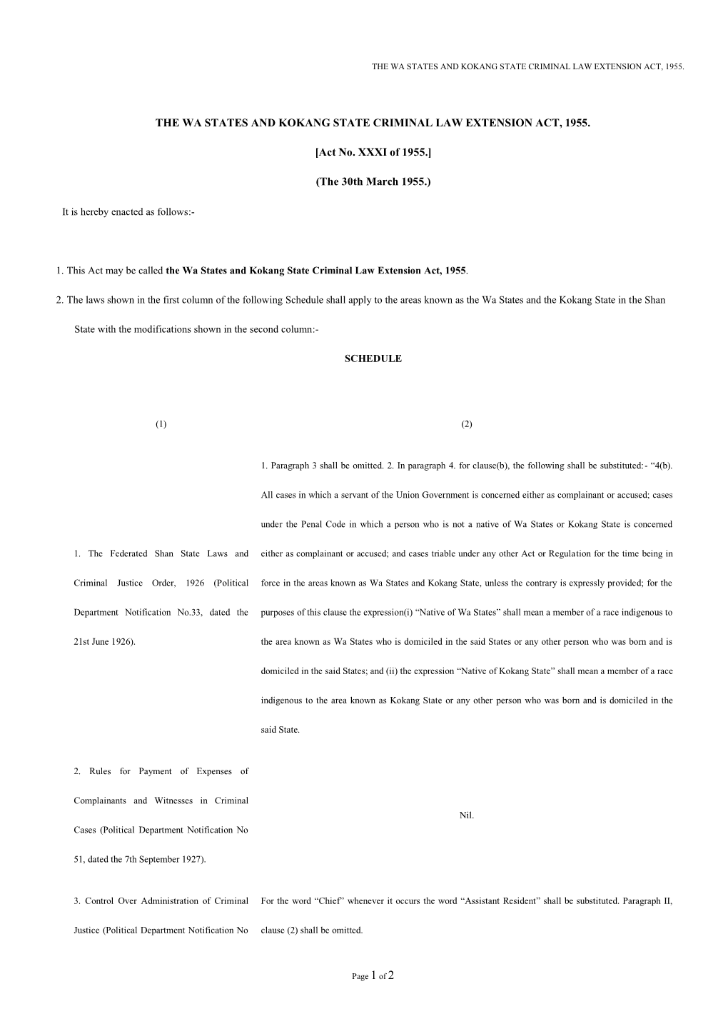 The Wa States and Kokang State Criminal Law Extension Act, 1955