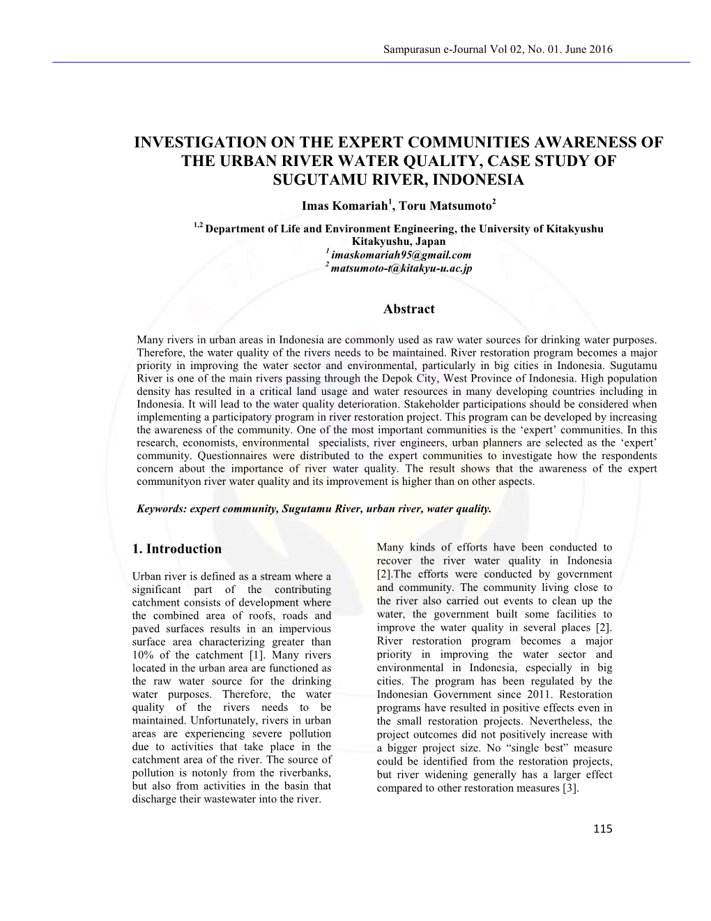 Investigation on the Expert Communities Awareness of the Urban River Water Quality, Case Study of Sugutamu River, Indonesia