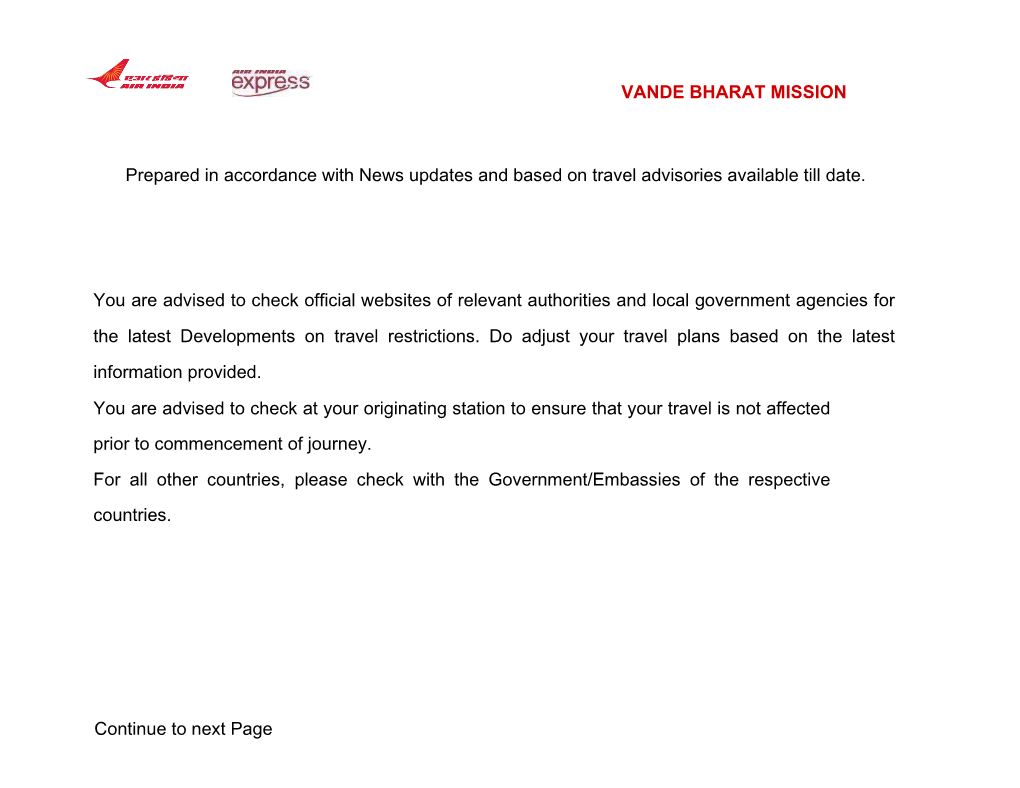 VANDE BHARAT MISSION Prepared in Accordance with News Updates