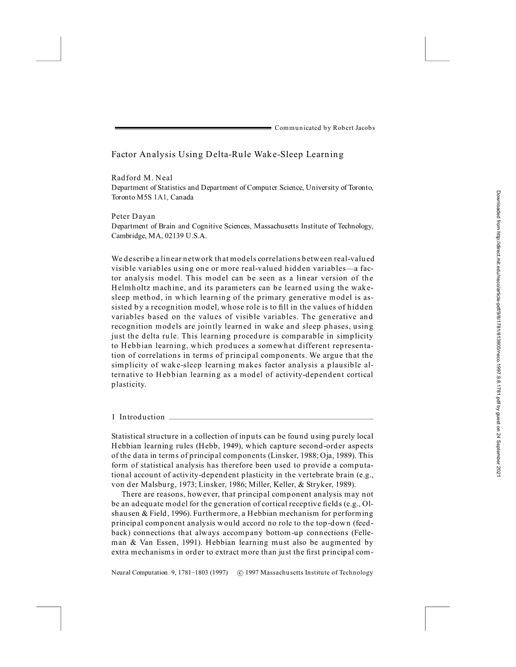 Factor Analysis Using Delta-Rule Wake-Sleep Learning