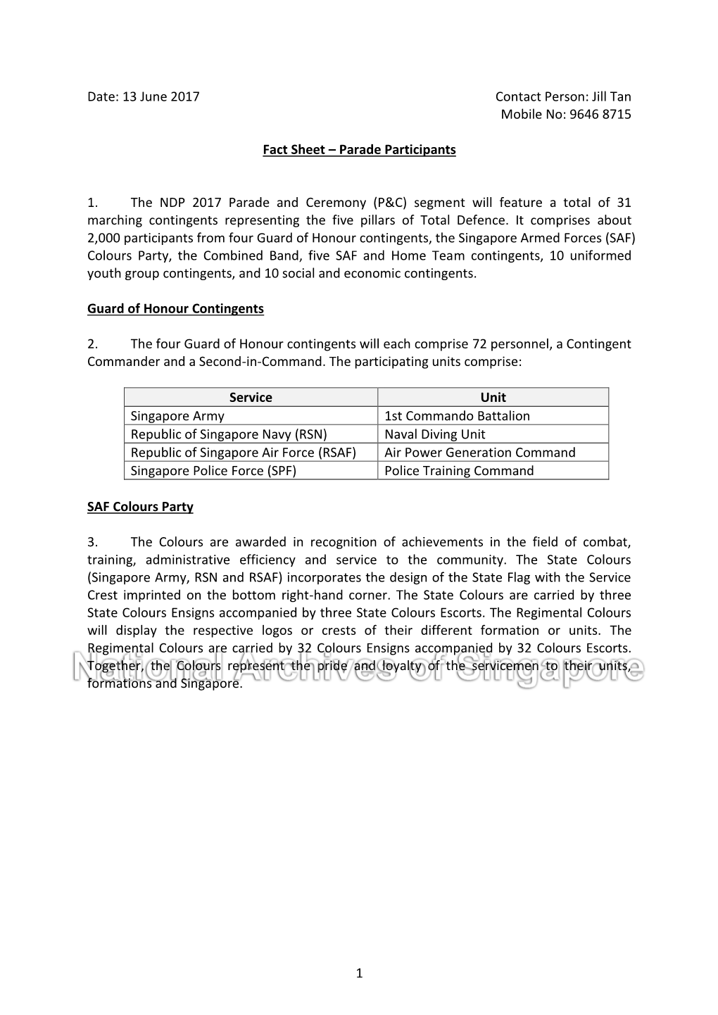 9646 8715 Fact Sheet – Parade Participants 1. the NDP 2017