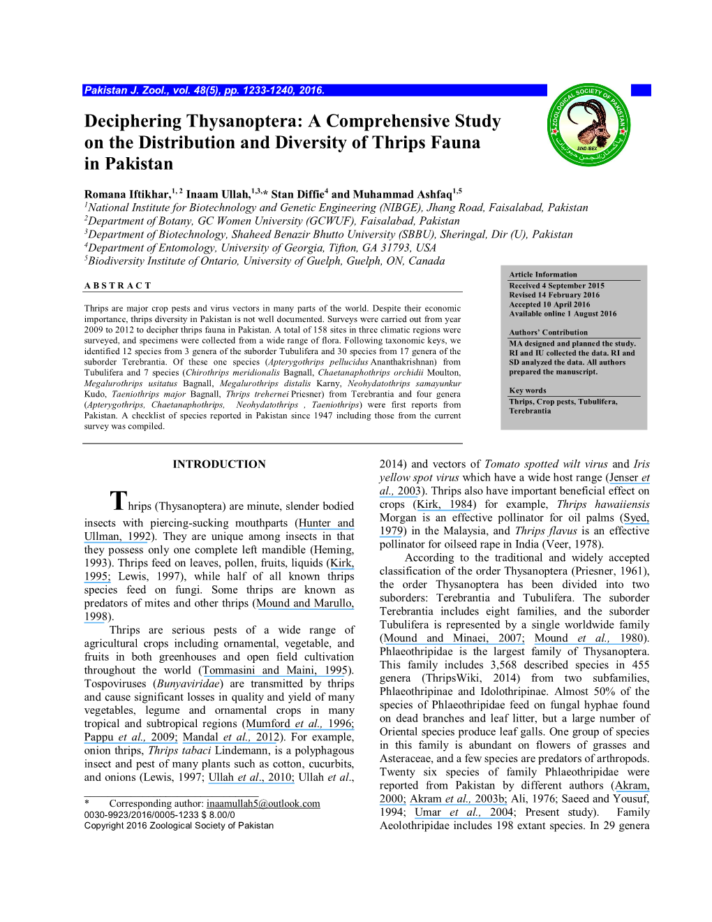 Deciphering Thysanoptera: a Comprehensive Study on the Distribution and Diversity of Thrips Fauna in Pakistan