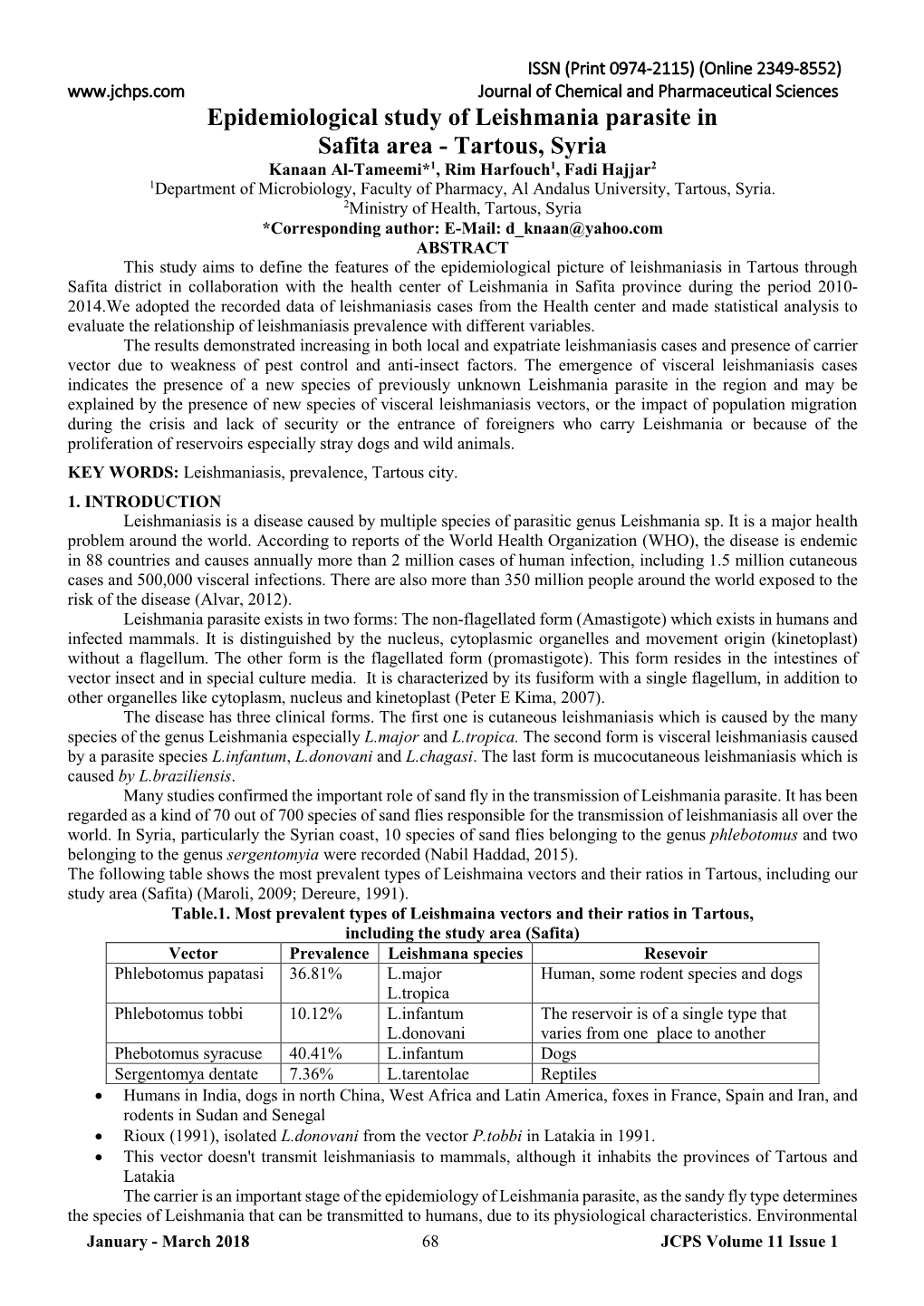 Epidemiological Study of Leishmania Parasite in Safita Area