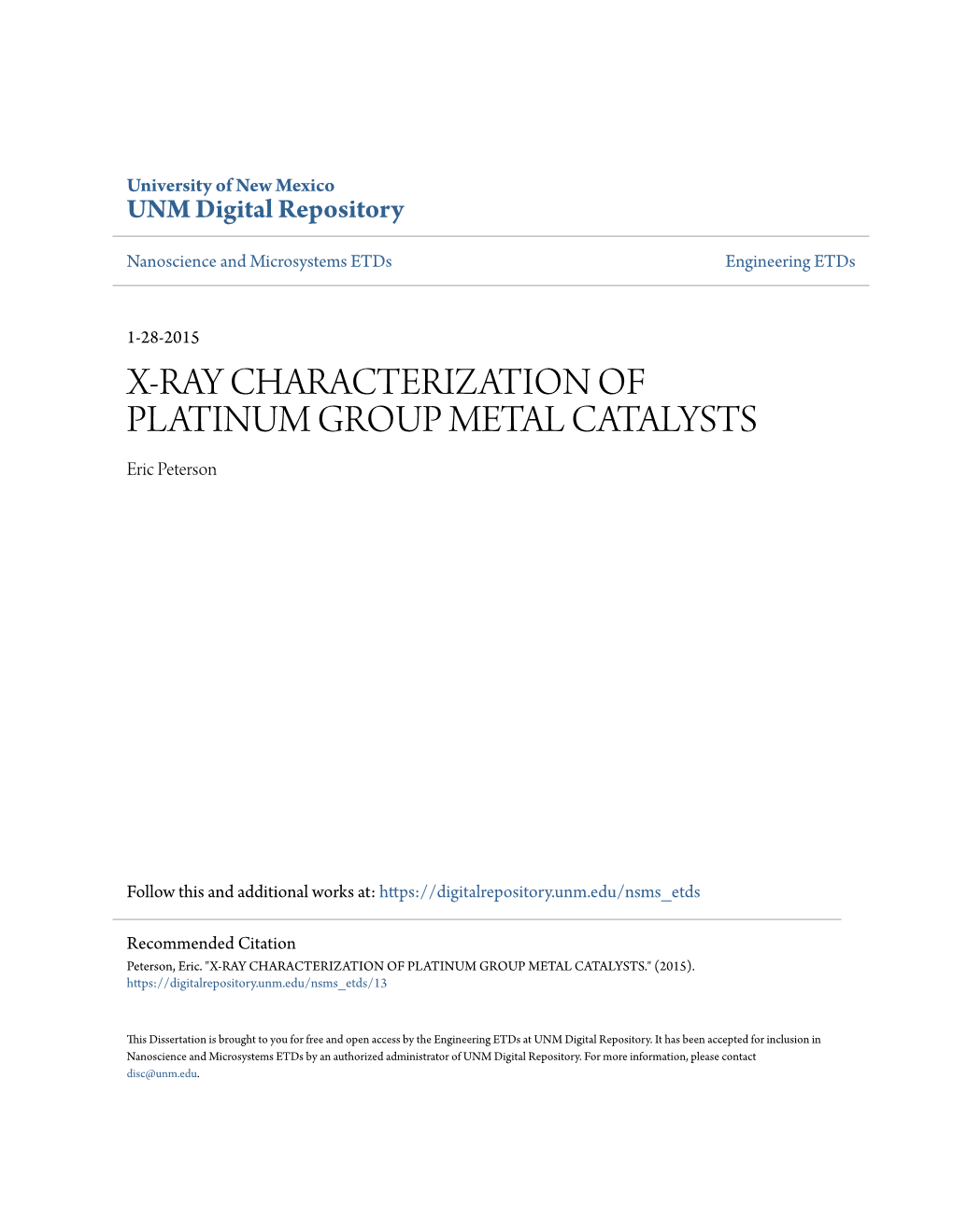 X-RAY CHARACTERIZATION of PLATINUM GROUP METAL CATALYSTS Eric Peterson