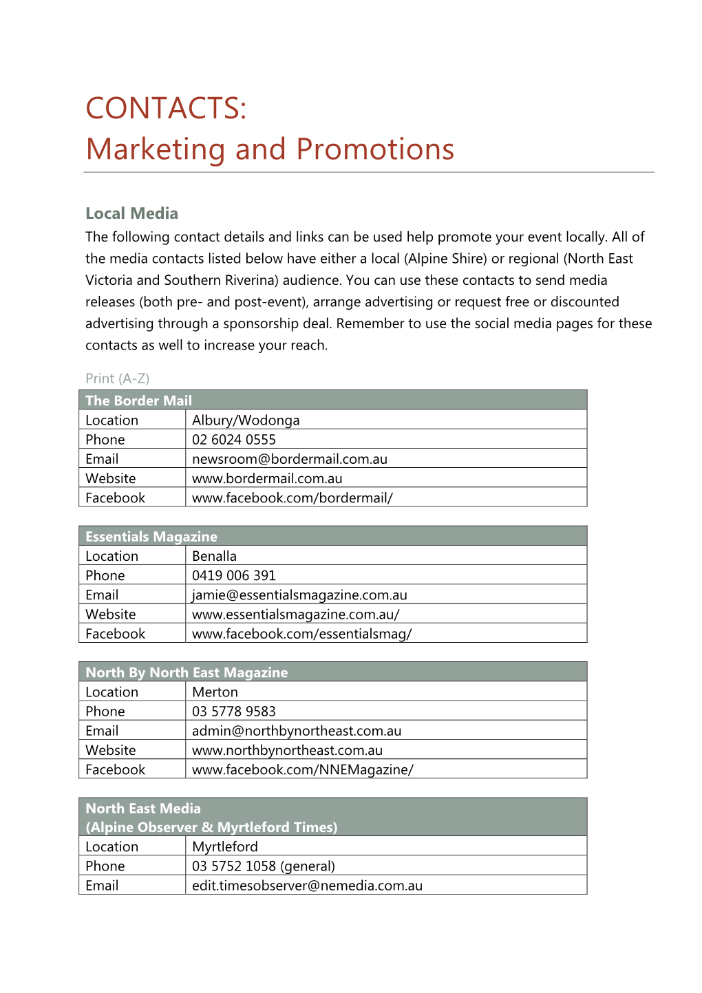 CONTACTS: Marketing and Promotions