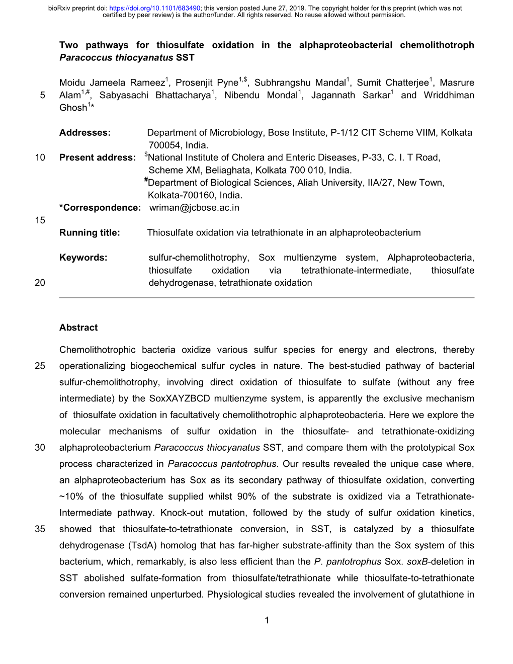 1 Two Pathways for Thiosulfate Oxidation in The