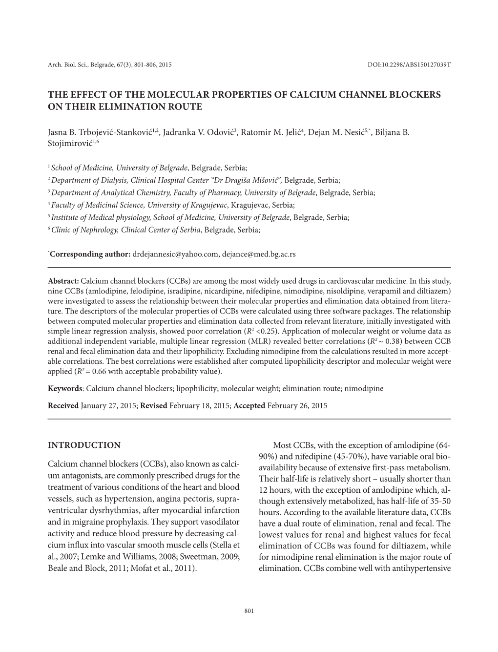 The Effect of the Molecular Properties of Calcium Channel Blockers on Their Elimination Route