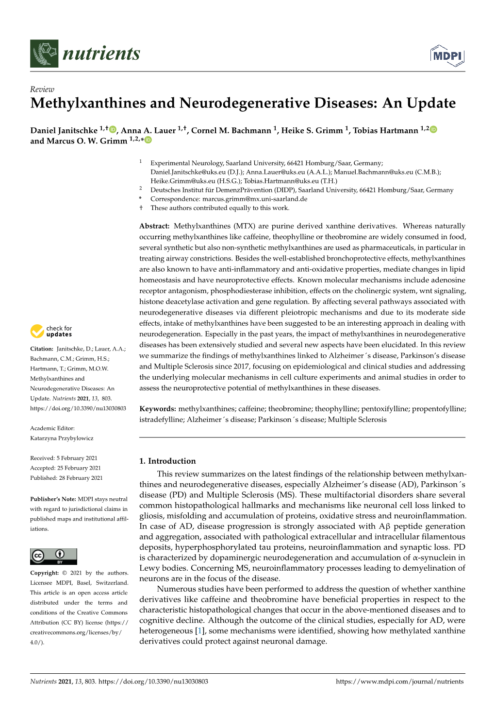 Methylxanthines and Neurodegenerative Diseases: an Update