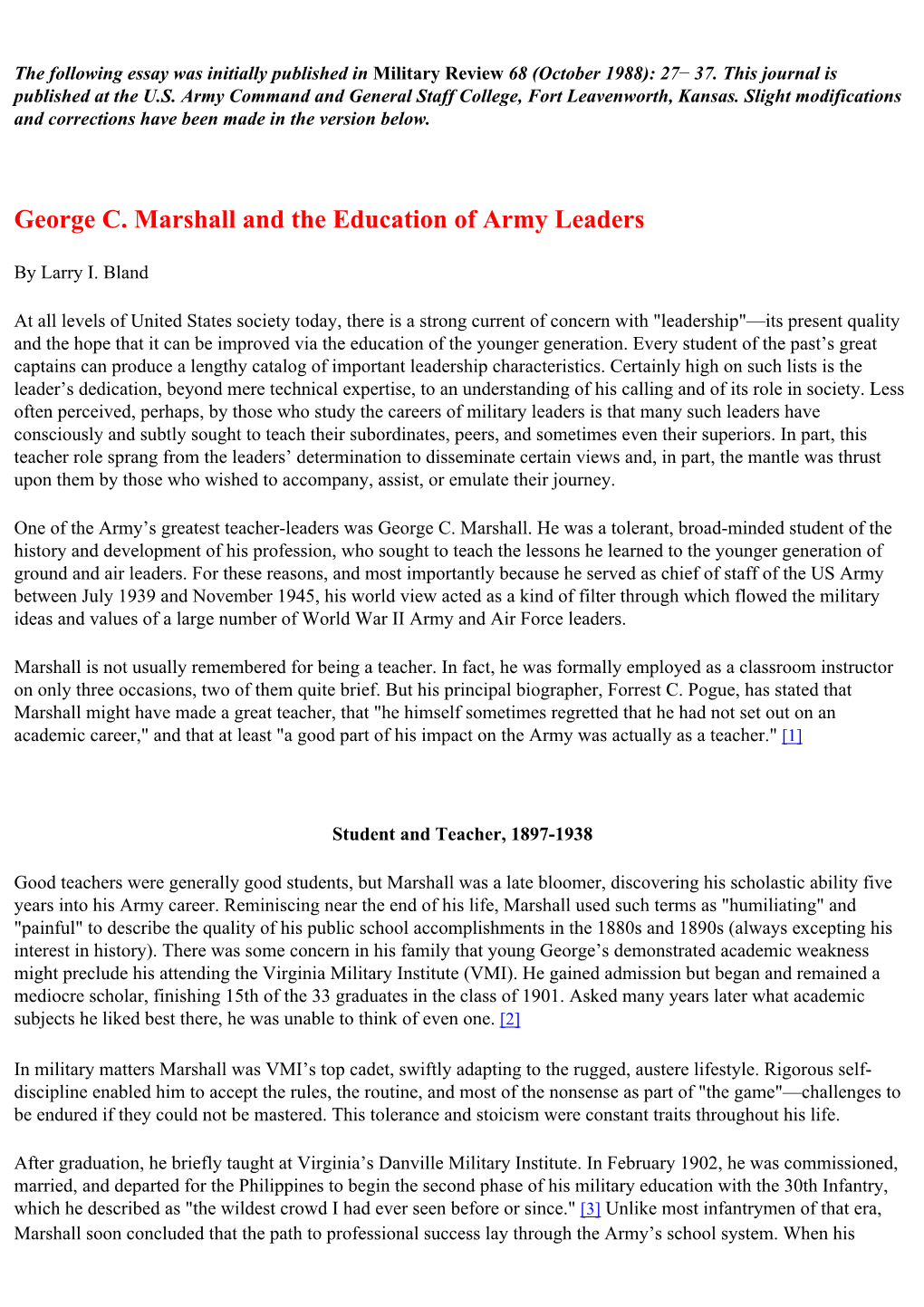 George C. Marshall and the Education of Army Leaders