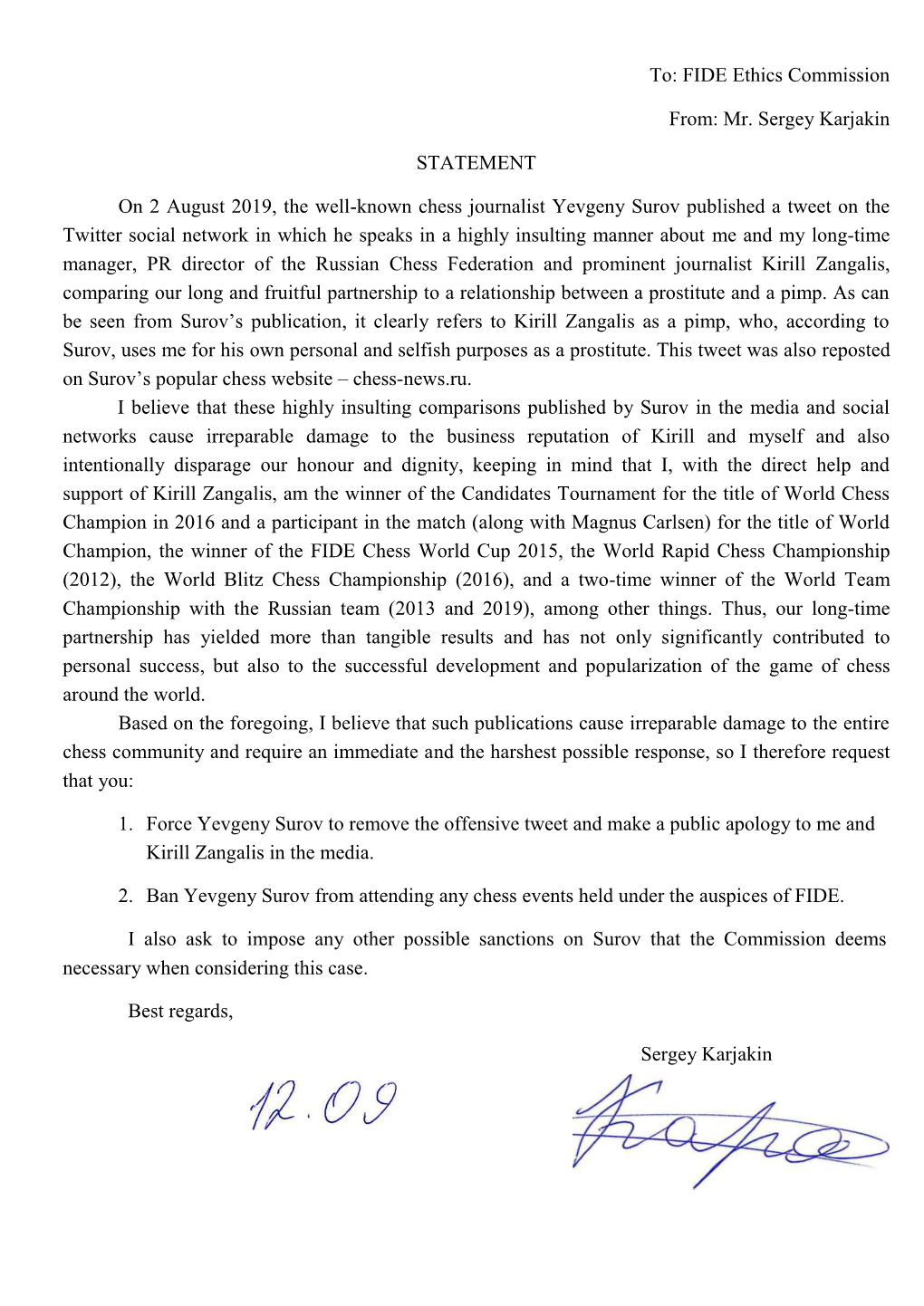 FIDE Ethics Commission From: Mr. Sergey Karjakin STATEMENT on 2