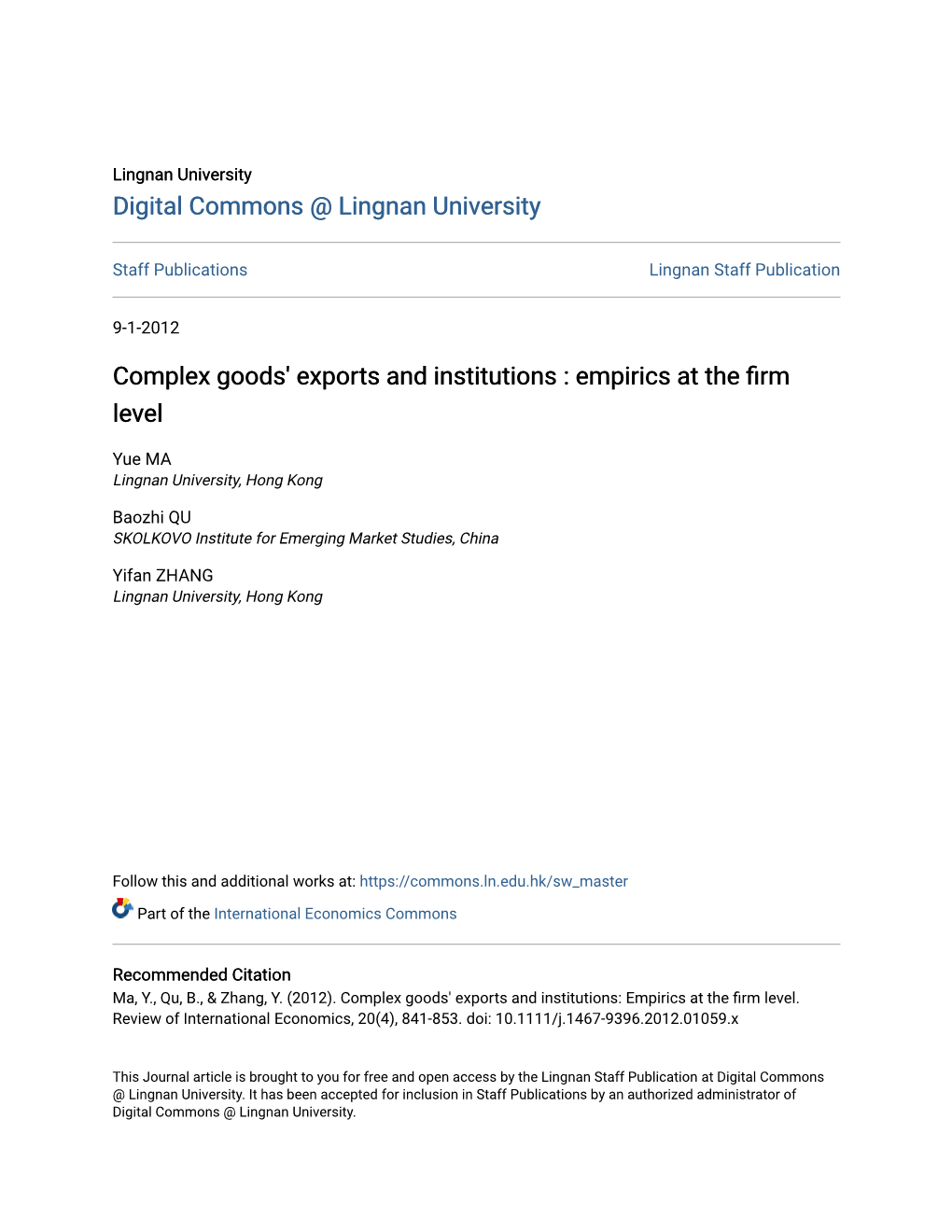 Complex Goods' Exports and Institutions : Empirics at the Firm Level