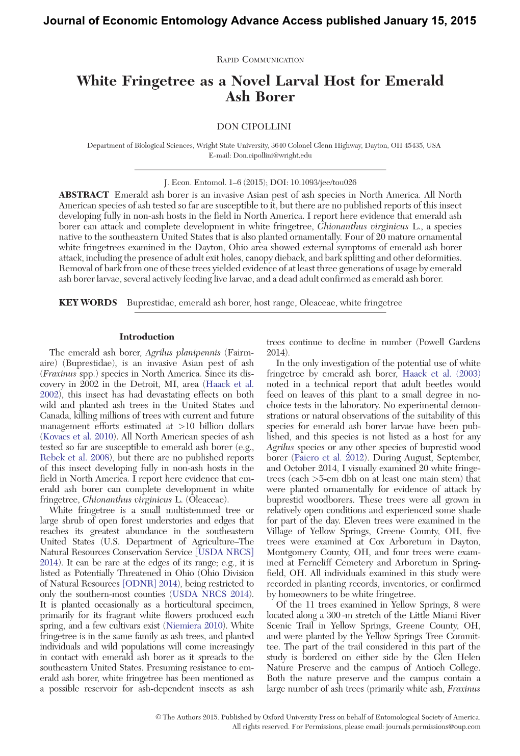 White Fringetree As a Novel Larval Host for Emerald Ash Borer