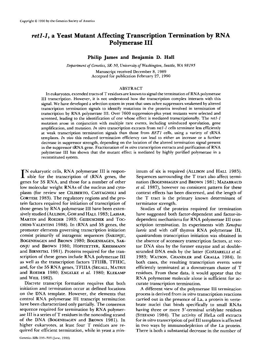 Retl-1, a Yeast Mutant Affecting Transcription Termination by RNA Polymerase I11