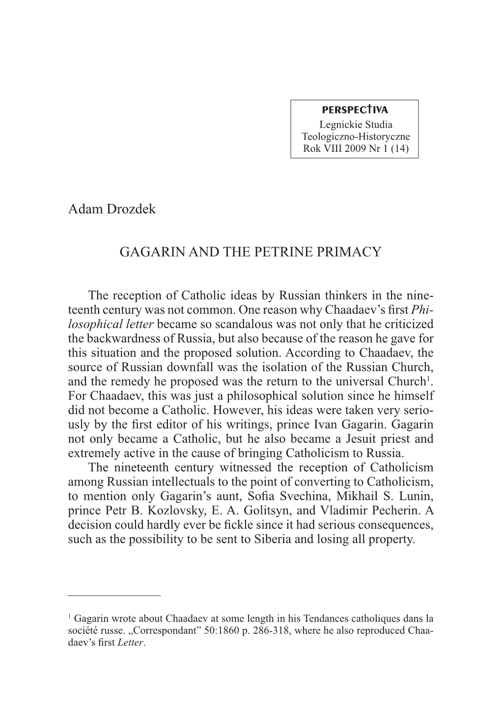 Adam Drozdek GAGARIN and the PETRINE PRIMACY